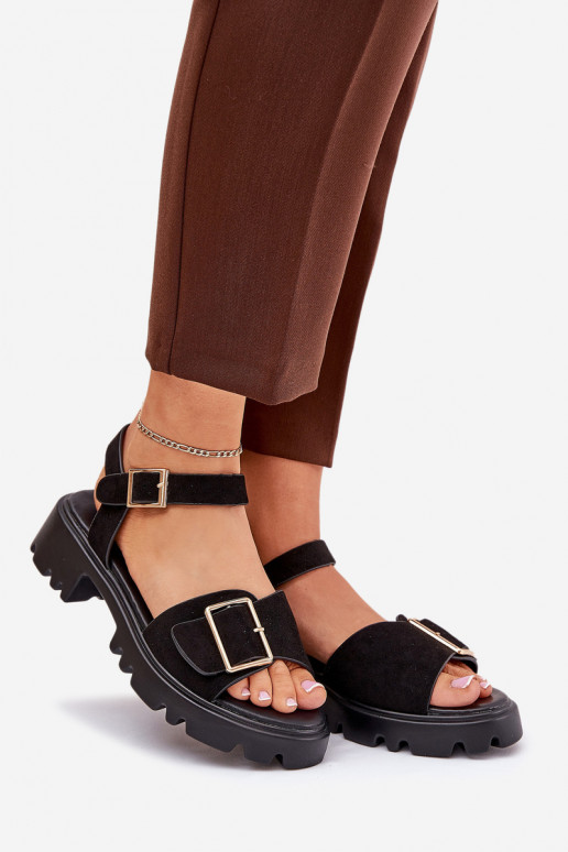 Eko Sandálias femininas de camurça com fivelas cor preta Gofielle Eko Sandálias femininas de camurça com fivelas cor preta Gofielle