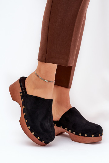 Tamancos Chinelos femininos com rebites de camurça ecológicaoParae cor preta Ellason