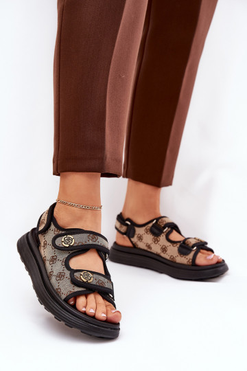 Sandálias femininas estampadas de cor dourada com detalhes nas cores areia e preta Pefese