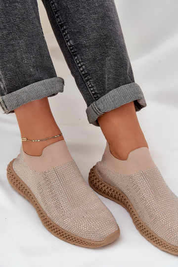 Tênis esportivos femininos slip-on com decoração D&A TIN121 cor areia
