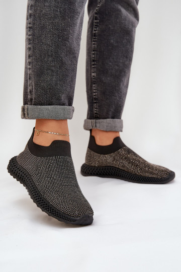 Tênis esportivos femininos slip-on com decoração D&A TIN121 cor preta