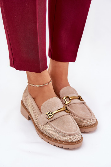 Mocassins femininos com detalhe trançado cor dourada e areia Seffolia