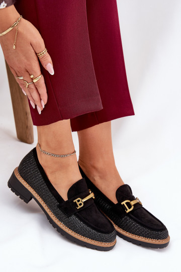 mocassins femininos Com trança I cor douradam Detalem cor preta Seffolia