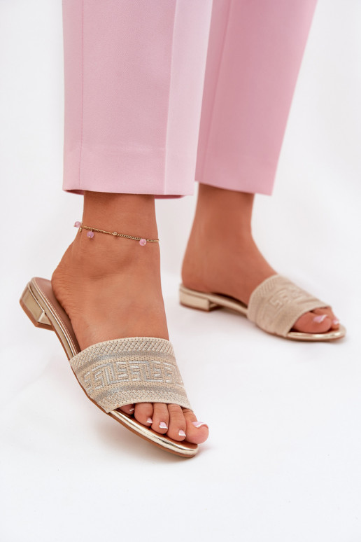 Chinelos femininos com salto largo cor dourada Fexxy