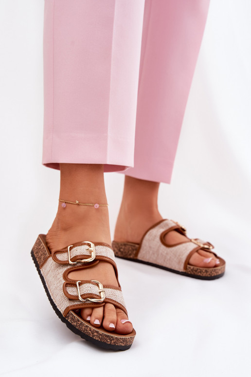  Chinelos femininos com uma plataforma com fivelas cor marrom Osoffe