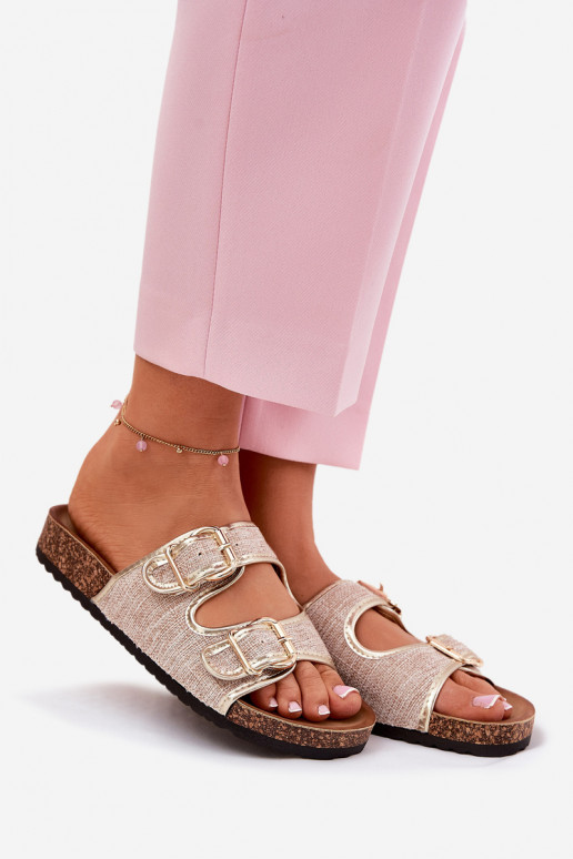  Chinelos femininos com uma plataforma com fivelas cor dourada Osoffe