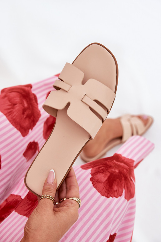 Chinelos femininos com salto largo Com recortes Eko Pele bege Ecapus