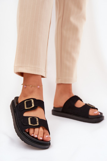Chinelas femininas com plataforma e fechos na cor preta Simbes
