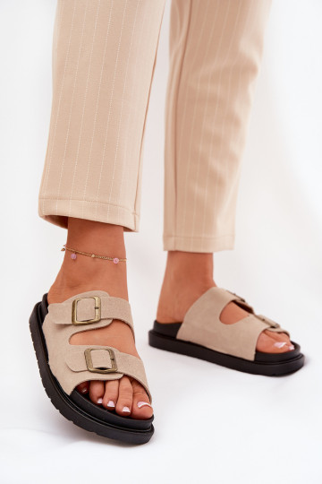 Chinelas femininas com plataforma e fechos na cor areia Simbes 2