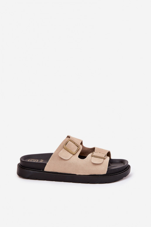 Chinelos femininos com uma plataforma com fivelas bege Simbes