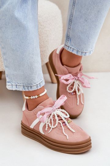 Tênis modelo batai feminino com plataforma e detalhes bonitos na cor rosa Vinness 2
