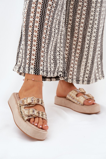 Chinelos femininos com uma plataforma com fivelas I Plecionką cor cáqui Limme