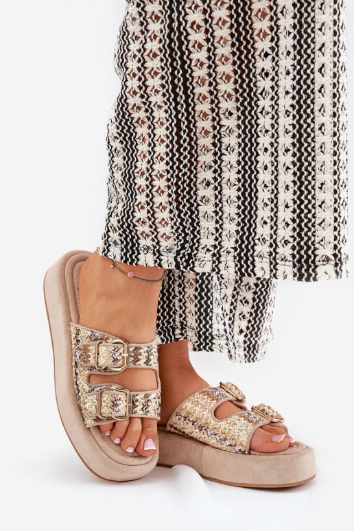 Chinelos femininos com uma plataforma com fivelas I Plecionką cor cáqui Limme