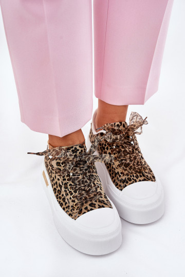 Sapatos de lazer com uma plataforma Com decorações Amarrandom com padrões de pele de leopardo cor marrom Zidora