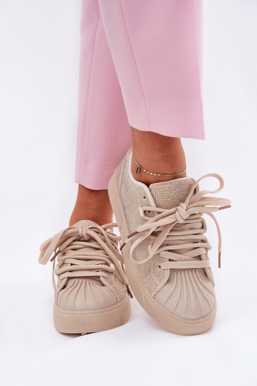 Tênis femininos com decoração e plataforma na cor areia Eanneth